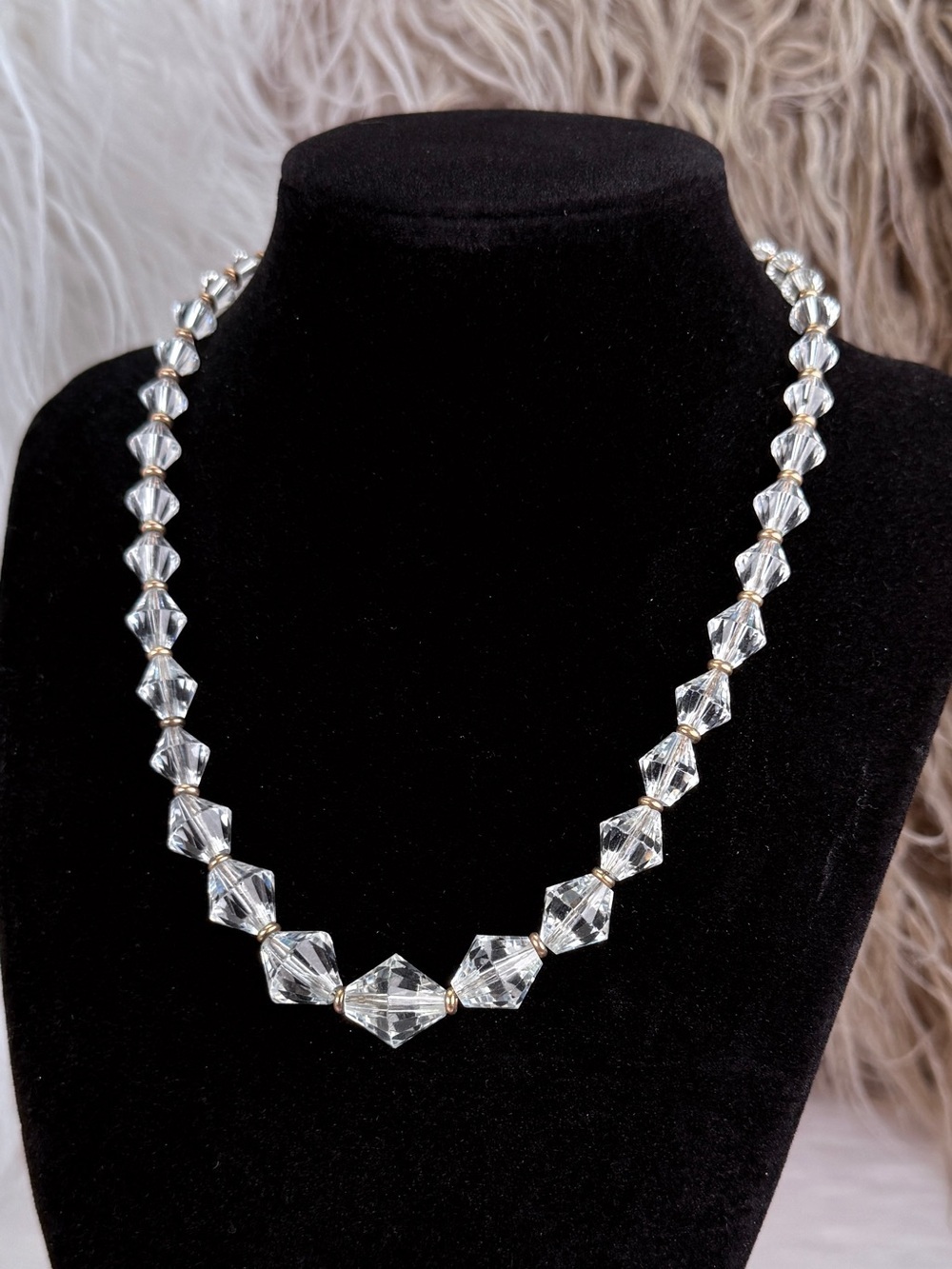 Vintage Clear Faceted Bead Necklace Gold Tone Spacers Crystal Look